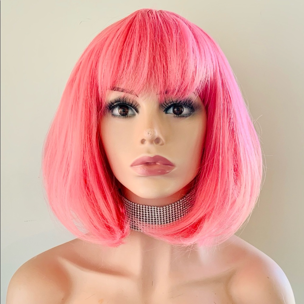Pink “Put On & Go” Synthetic Wig with Bangs for Events - NO FURTHER DISCOUNT🌷